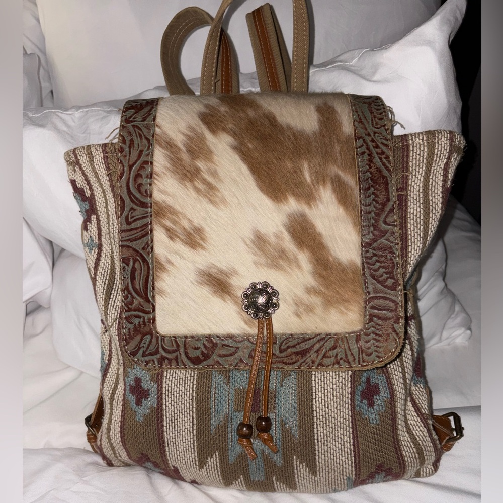 Myra Bag Brown and Cream Cowhide Flap Woven Backpack